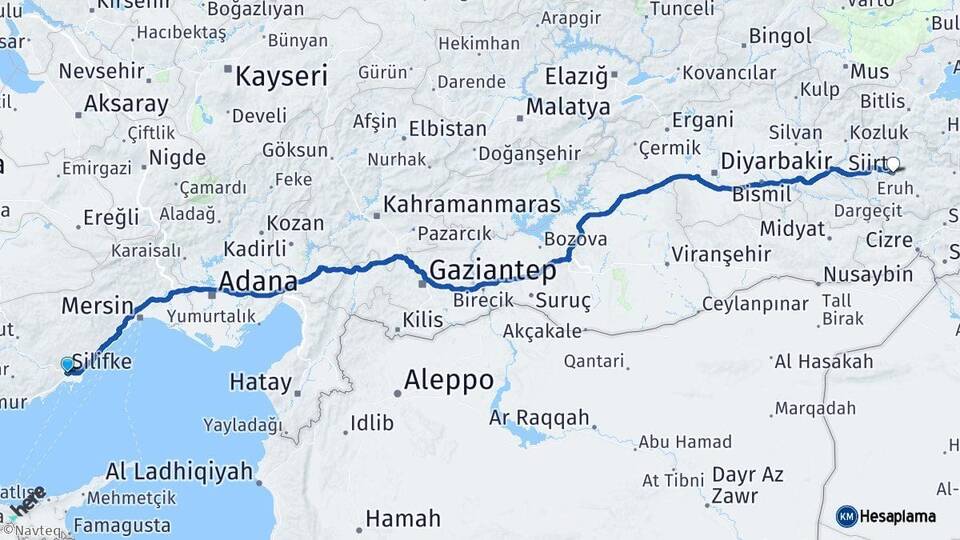 Mersin Silifke Siirt Arası Kaç Km - Yol Haritası