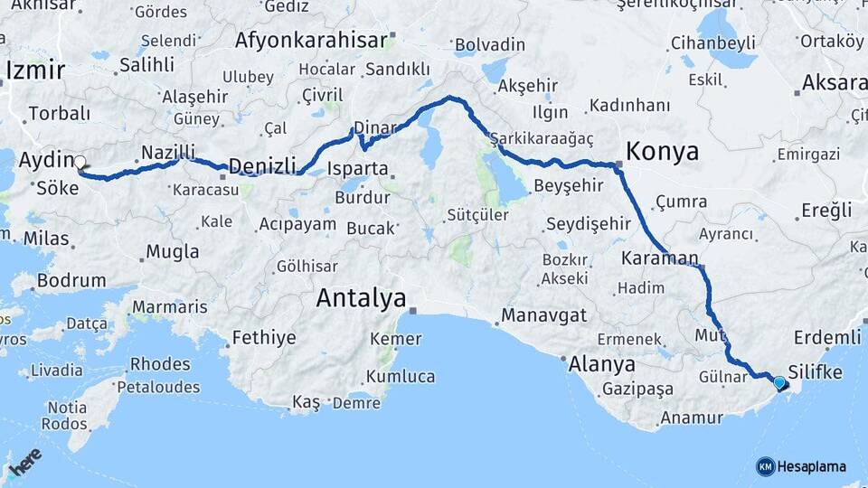 Mersin Silifke Taşucu Aydın Arası Kaç Km - Yol Haritası