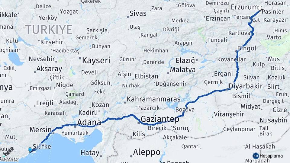 Mersin Silifke Taşucu Erzurum Arası Kaç Km - Yol Haritası
