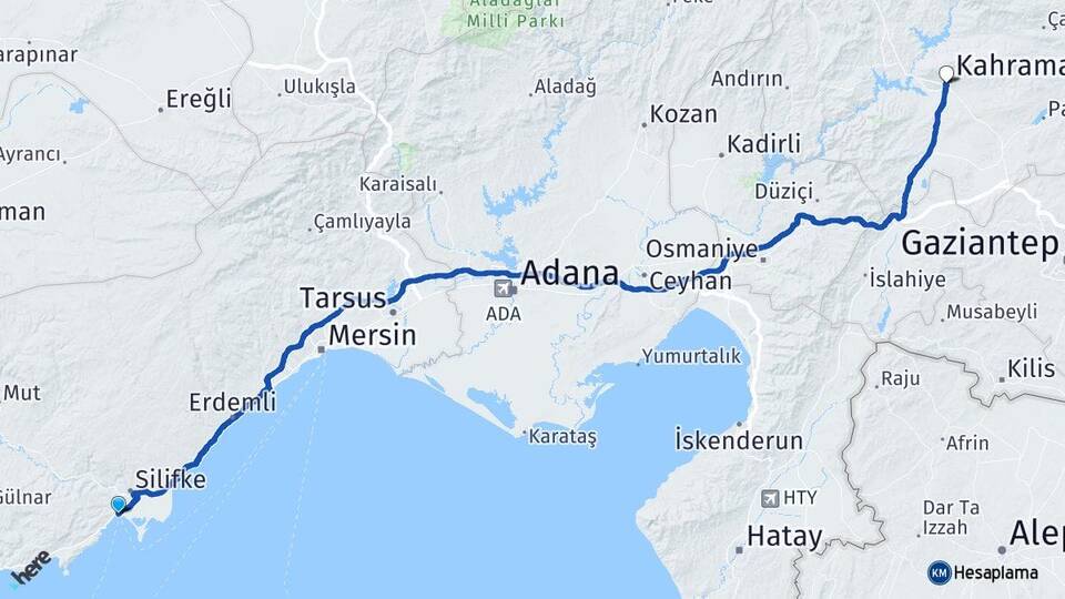 Mersin Silifke Taşucu Kahramanmaraş Arası Kaç Km - Yol Haritası