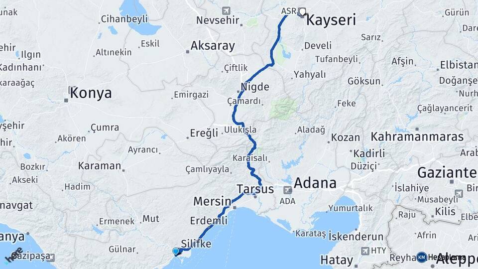 Mersin Silifke Taşucu Kayseri Arası Kaç Km - Yol Haritası