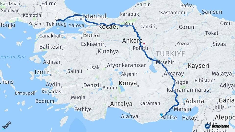 Mersin Silifke Tekirdağ Arası Kaç Km - Yol Haritası