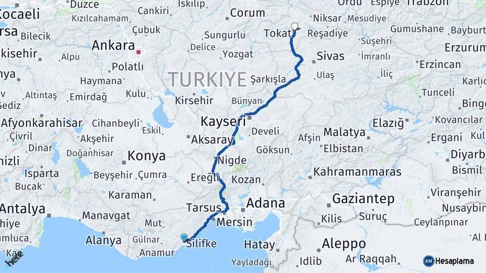 Mersin Silifke Tokat Arası Kaç Km - Yol Haritası