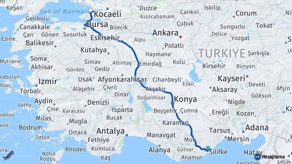 Mersin Silifke Yalova Arası Kaç Km - Yol Haritası