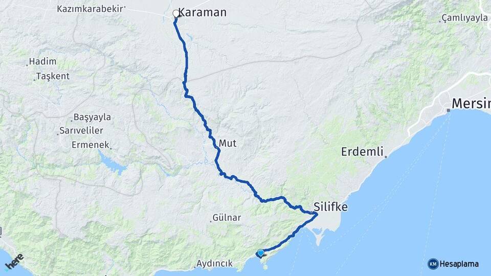 Mersin Silifke Yeşilovacık Karaman Arası Kaç Km - Yol Haritası