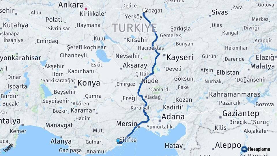 Mersin Silifke Yozgat Arası Kaç Km - Yol Haritası