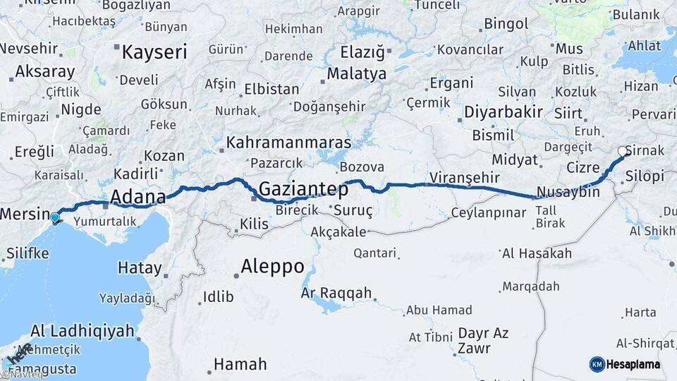 Mersin Şırnak Arası Kaç Km - Yol Haritası