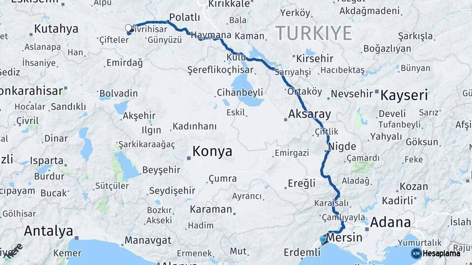 Mersin Sivrihisar Eskişehir Arası Kaç Km - Yol Haritası