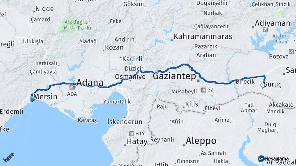 Mersin Suruç Şanlıurfa Arası Kaç Km - Yol Haritası