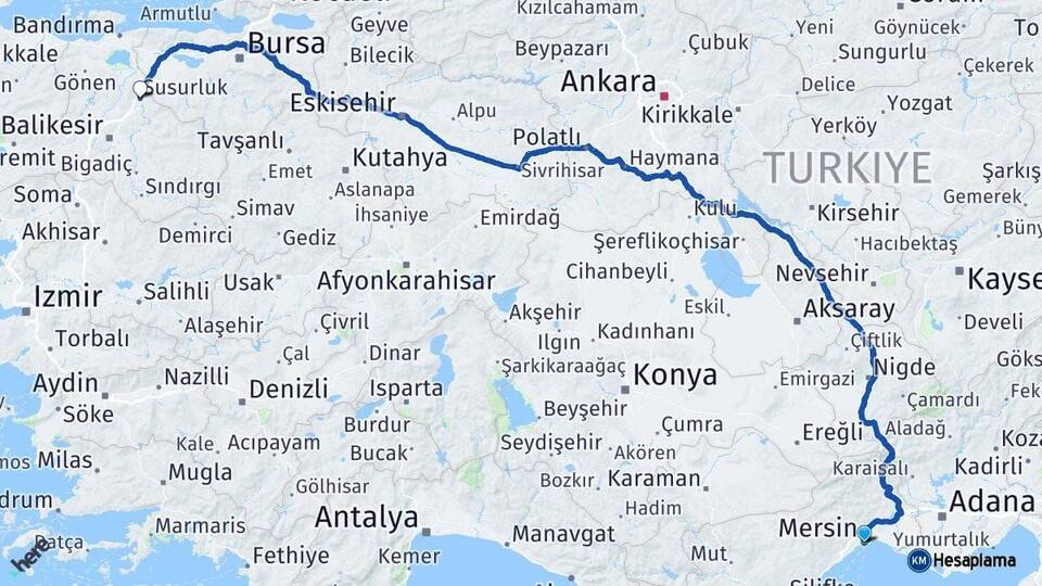 Mersin Susurluk Balıkesir Arası Kaç Km - Yol Haritası