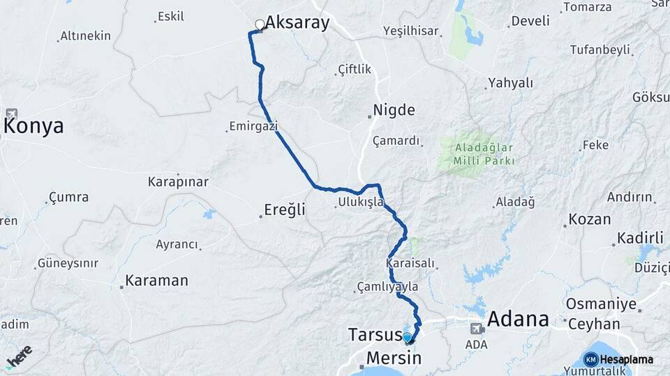 Mersin Tarsus Aksaray Arası Kaç Km - Yol Haritası