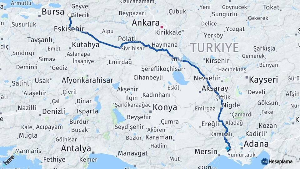Mersin Tarsus Bilecik Arası Kaç Km - Yol Haritası