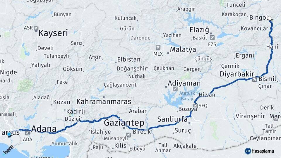 Mersin Tarsus Bingöl Arası Kaç Km - Yol Haritası