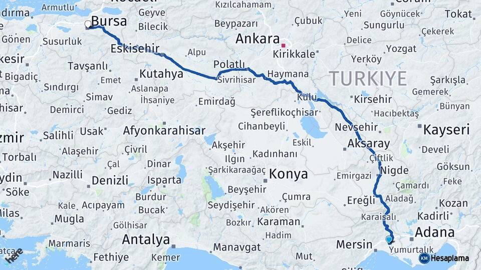 Mersin Tarsus Bursa Arası Kaç Km - Yol Haritası