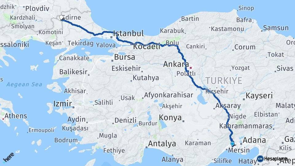 Mersin Tarsus Edirne Arası Kaç Km - Yol Haritası