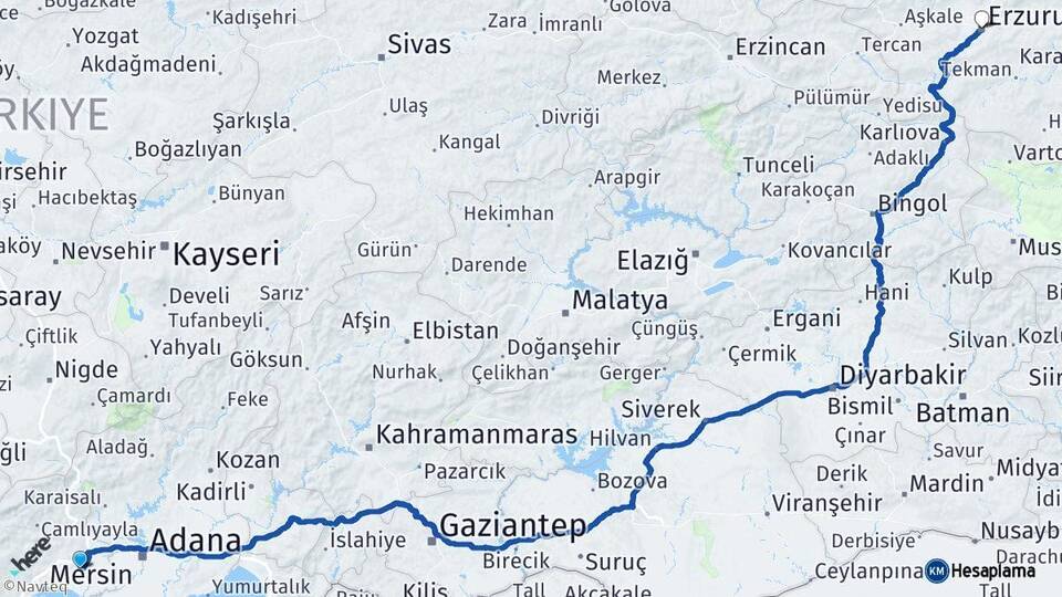 Mersin Tarsus Erzurum Arası Kaç Km - Yol Haritası