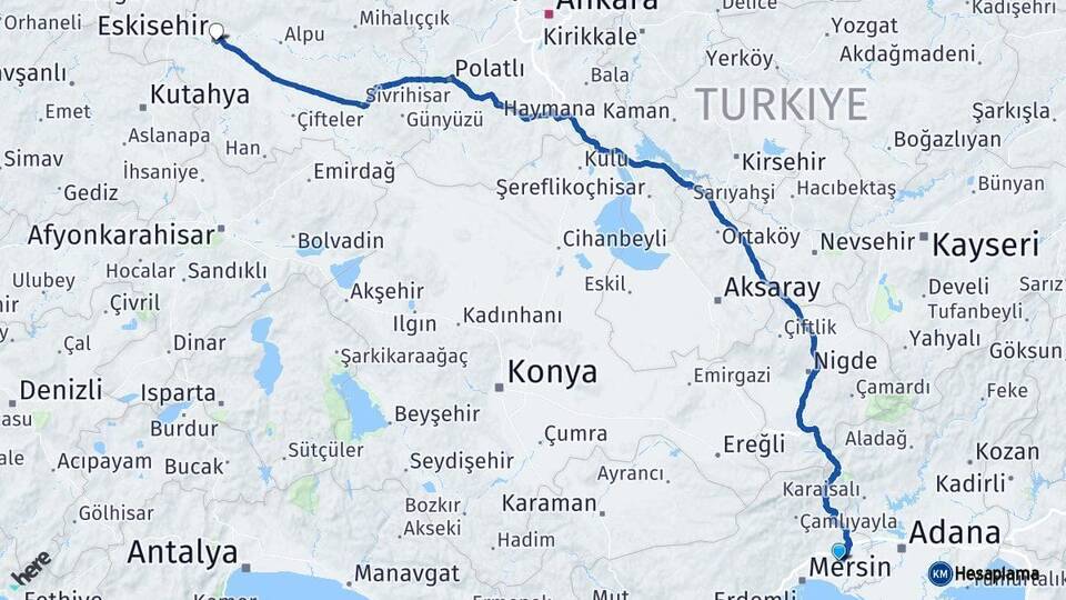 Mersin Tarsus Eskişehir Arası Kaç Km - Yol Haritası