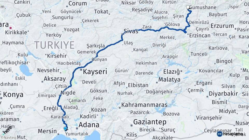 Mersin Tarsus Gümüşhane Arası Kaç Km - Yol Haritası