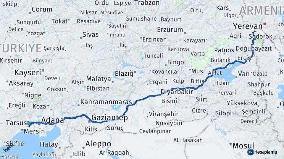 Mersin Tarsus Iğdır Arası Kaç Km - Yol Haritası