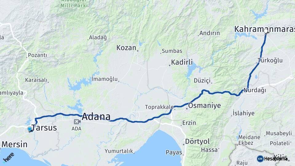 Mersin Tarsus Kahramanmaraş Arası Kaç Km - Yol Haritası