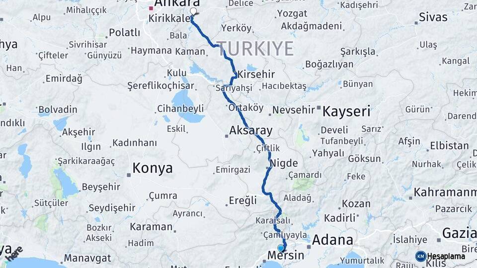 Mersin Tarsus Kırıkkale Arası Kaç Km - Yol Haritası