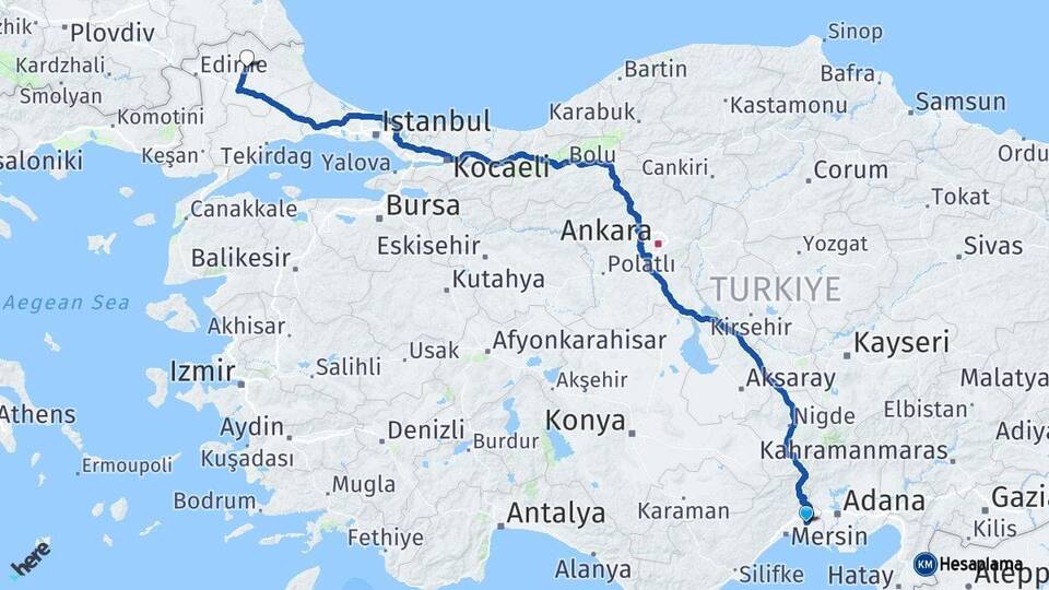 Mersin Tarsus Kırklareli Arası Kaç Km - Yol Haritası