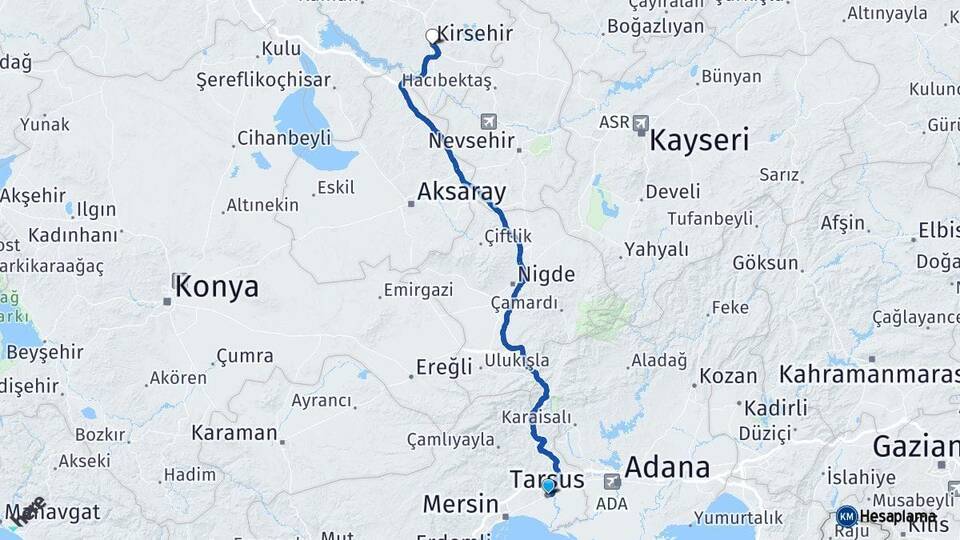Mersin Tarsus Kırşehir Arası Kaç Km - Yol Haritası