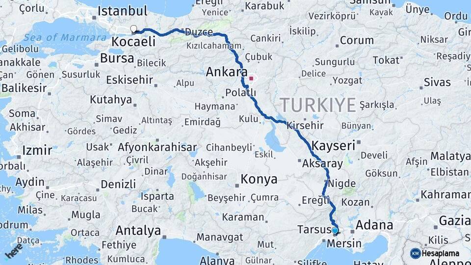 Mersin Tarsus Kocaeli Arası Kaç Km - Yol Haritası