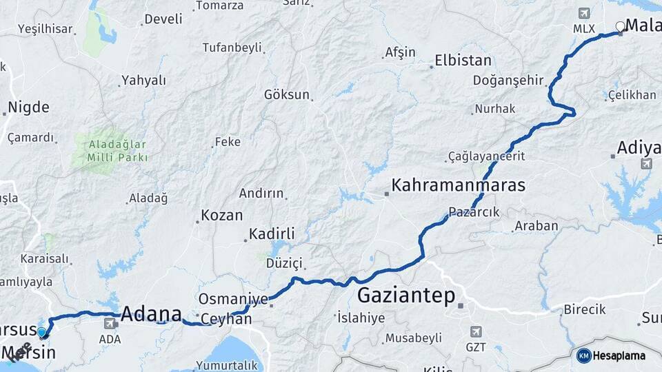 Mersin Tarsus Malatya Arası Kaç Km - Yol Haritası