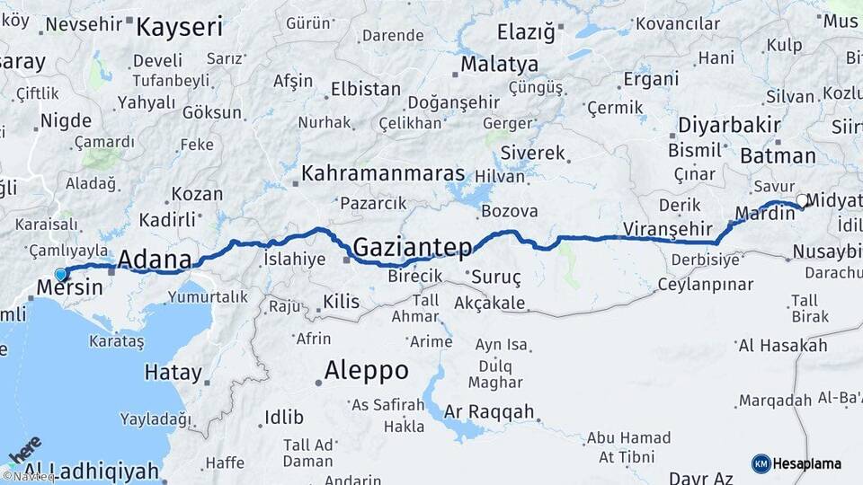 Mersin Tarsus Midyat Mardin Arası Kaç Km - Yol Haritası