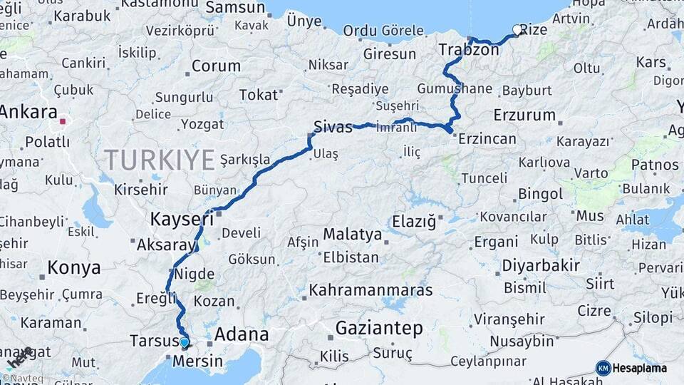 Mersin Tarsus Rize Arası Kaç Km - Yol Haritası