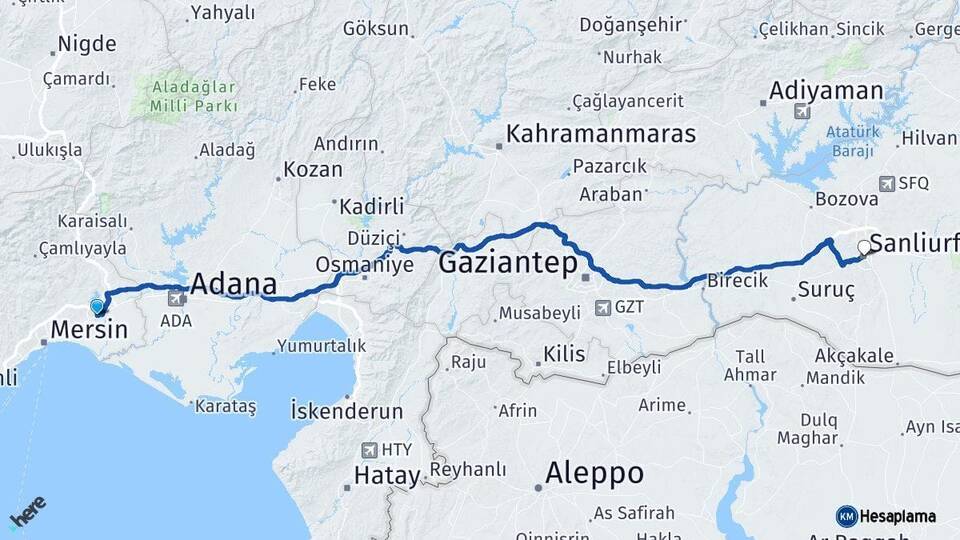 Mersin Tarsus Şanlıurfa Arası Kaç Km - Yol Haritası