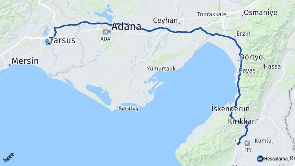 Mersin Tarsus Serinyol Antakya Hatay Arası Kaç Km - Yol Haritası