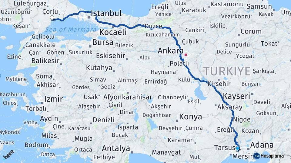 Mersin Tarsus Tekirdağ Arası Kaç Km - Yol Haritası