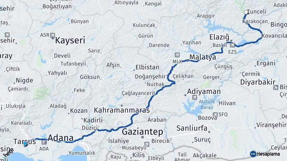 Mersin Tarsus Tunceli Arası Kaç Km - Yol Haritası