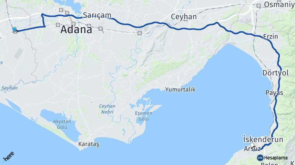 Mersin Tarsus Yenice Arsuz Hatay Arası Kaç Km - Yol Haritası