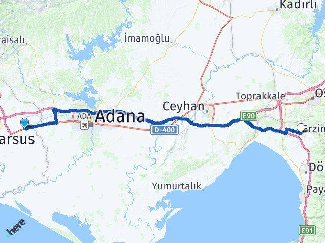 Mersin Tarsus Yenice Erzin Hatay Arası Kaç Km - Yol Haritası