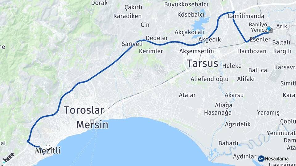 Mersin Tarsus Yenice Mezitli Arası Kaç Km - Yol Haritası