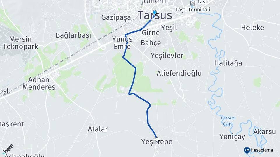 Mersin Tarsus Yeşiltepe Tarsus Arası Kaç Km - Yol Haritası