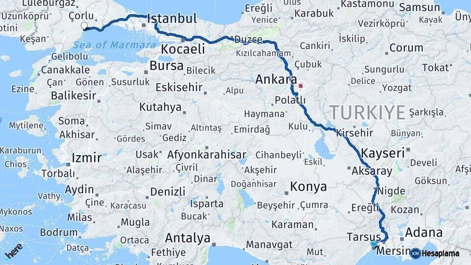 Mersin Tekirdağ Arası Kaç Km - Yol Haritası