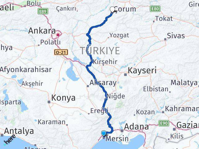 Mersin Toroslar Çorum Arası Kaç Km - Yol Haritası