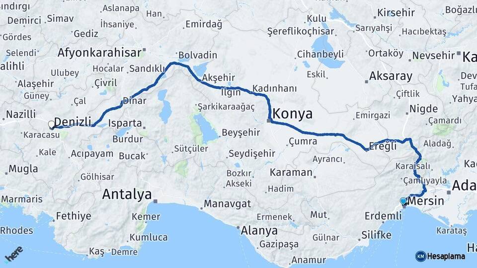 Mersin Toroslar Denizli Arası Kaç Km - Yol Haritası