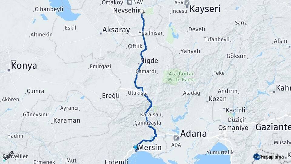 Mersin Toroslar Nevşehir Arası Kaç Km - Yol Haritası