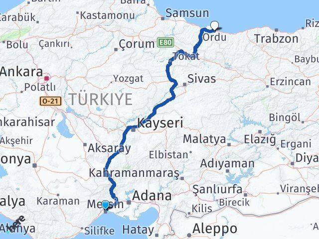 Mersin Toroslar Ordu Arası Kaç Km - Yol Haritası