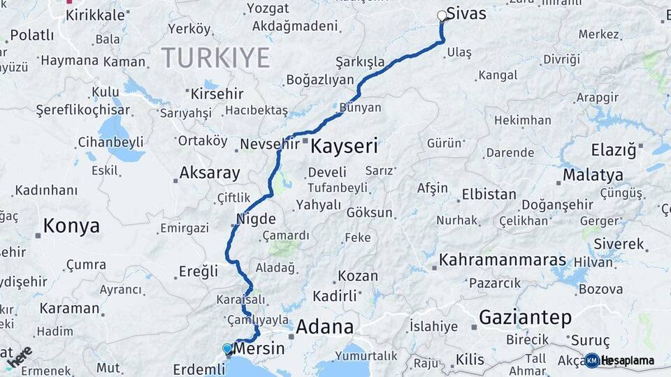 Mersin Toroslar Sivas Arası Kaç Km - Yol Haritası