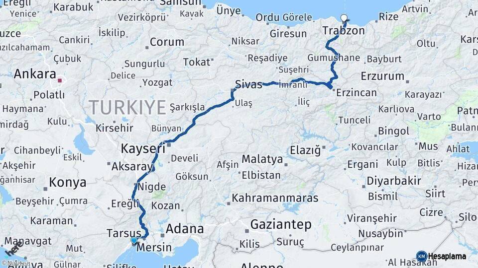 Mersin Trabzon Arası Kaç Km - Yol Haritası