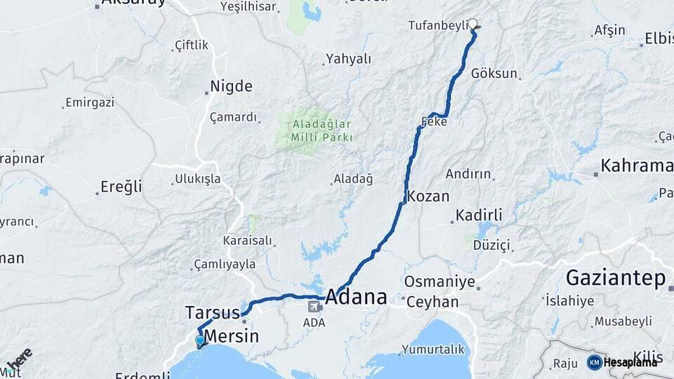 Mersin Tufanbeyli Adana Arası Kaç Km - Yol Haritası
