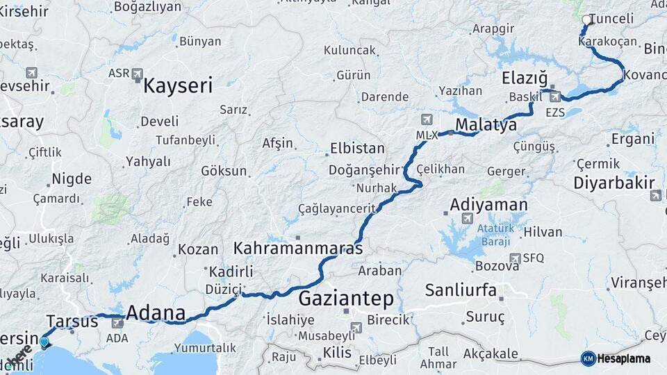 Mersin Tunceli Arası Kaç Km - Yol Haritası