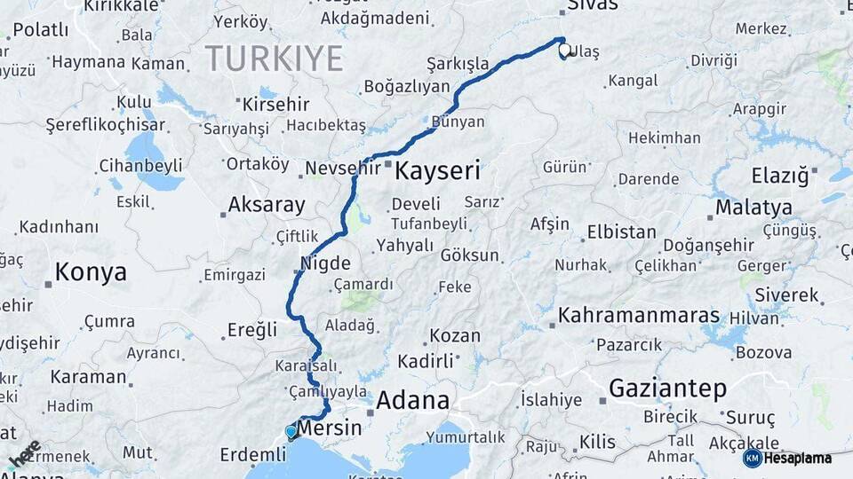 Mersin Ulaş Sivas Arası Kaç Km - Yol Haritası