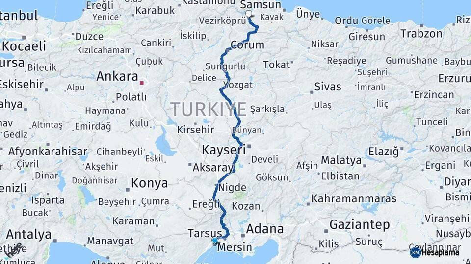 Mersin Vezirköprü Samsun Arası Kaç Km - Yol Haritası